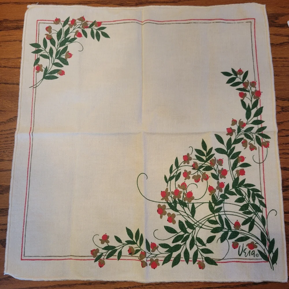 Vera Neumann Vintage Linen (?) Napkins (3) ~ Red Flowers Green Foliage ~ Pretty!